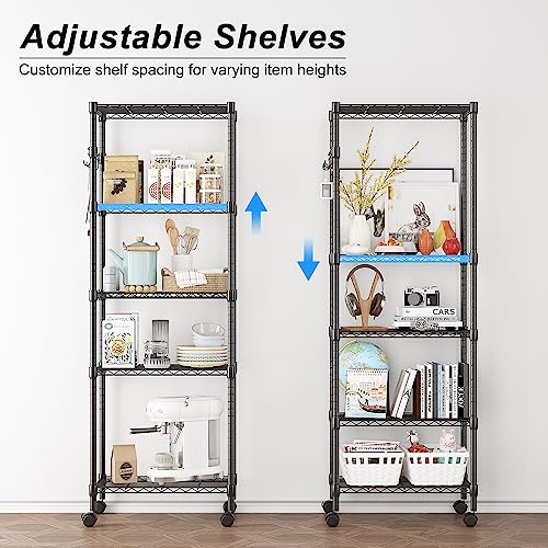5-Tier Wire Shelving Unit on Wheels - Adjustable Metal Storage Rack, Black, 23.23 x 13.78 x 72.05 inches