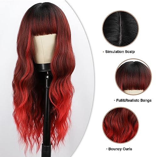 Ombre Red Wavy Wig with Bangs - 26 Inch Synthetic Long Hair for Women