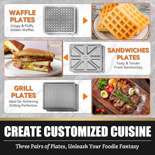 3-in-1 Panini Grill Press with Removable Plates - Breakfast Sandwich & Waffle Maker - Electric Griddle