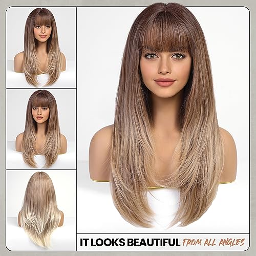 Ombre Light Brown Long Straight Wig with Bangs - Synthetic Cosplay & Daily Use, 26"
