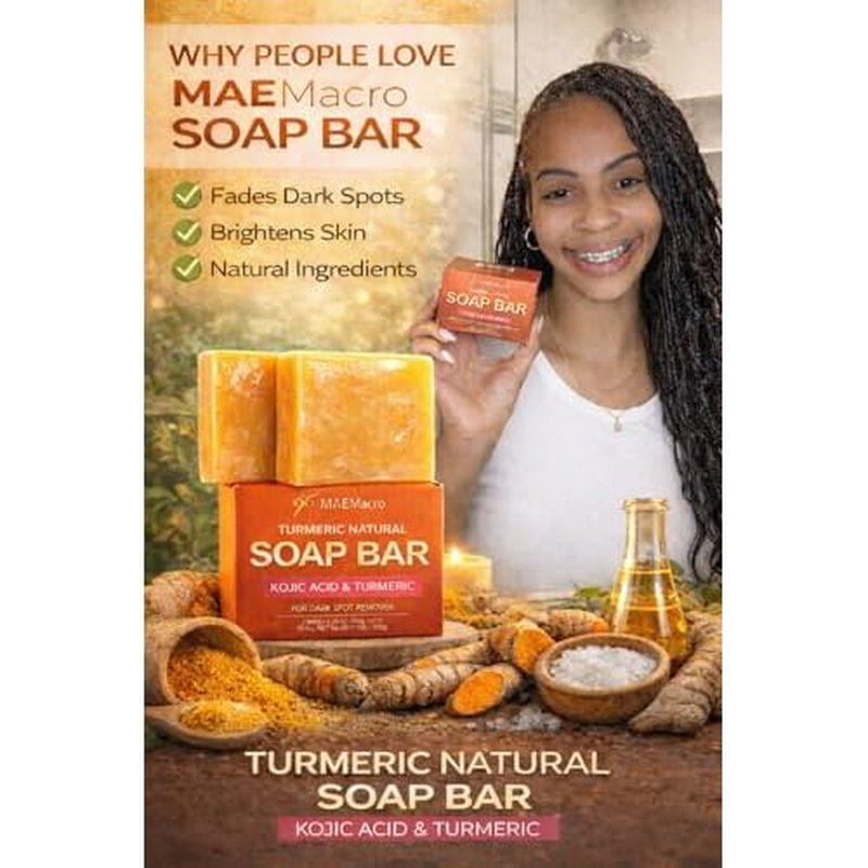 MAEMacro Turmeric & Kojic Acid soap bar with Vitamin C, Retinol, Collagen, Hyaluronic Acid, and Vitamin E | Reduce Dark Spots | Fine Lines, and Improve Skin Tone (2 Soap Bars)