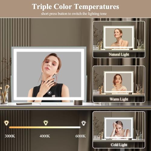 Ligheted Vanity Mirror with Lights, 14" x 12" LED Makeup Mirror, Hollywood Mirror,3 Modes Light, Smart Touch Control Dimmable, 360¡ÆRotation, Rectangle Gold Frame