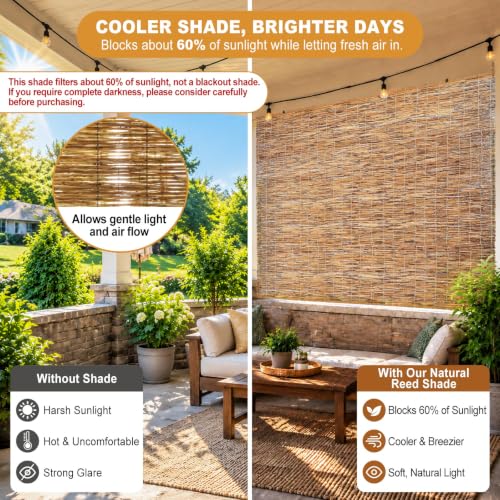 Outdoor Bamboo Shades 3 Pack - 48x72 Inches Carbon Brown, Natural Reed Material, Privacy & Light Control