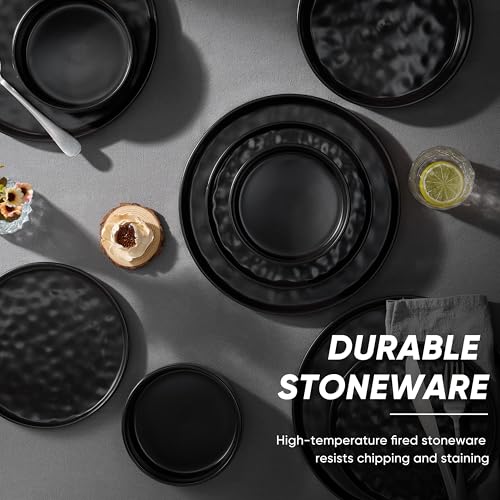 E-far Matte Black 16-Piece Stoneware Dinnerware Set for 4 - Ripple Design