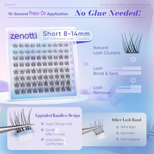 Self Adhesive Lash Clusters Natural Self Adhesive Eyelashes No Glue Lashes Clusters Wispy Eyelash Cluster Waterproof Pre Glued Lash Cluster Short 8-14mm Press on lashes by zenotti