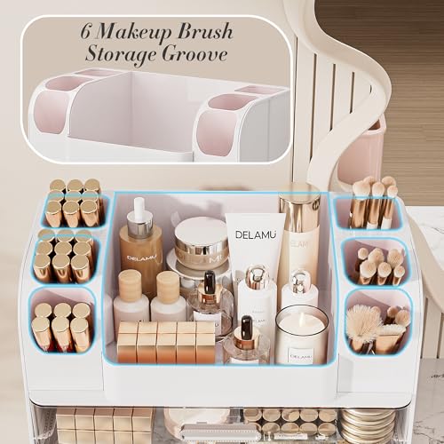 Delamu Makeup Organizer Countertop with 6 Brush Holder, Bathroom Countertop Organizer with 2 Large Drawers, Cosmetic Display Case for Vanity, Ideal Christmas Gifts for Women Girls, Light White