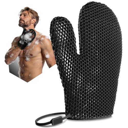 SMEAGOLORIYA Black Exfoliating Bath Mitt – Honeycomb Body Scrubber, Deep Massage Gloves (Large)
