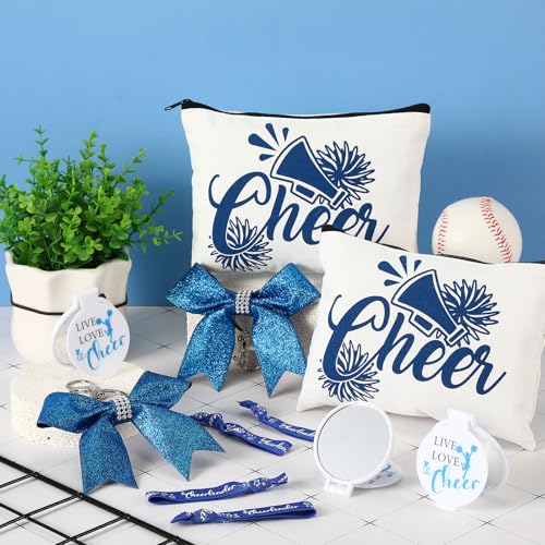 Talltalk 48 Pcs Cheerleader Gifts Set Cheer Gifts Bulk for Team 12 Cheer Makeup Bag 12 Cheer Bracelets 12 Folding Cheerleading Makeup Mirror 12 Bow Keychain for Cheer Team Party Favors(Blue)