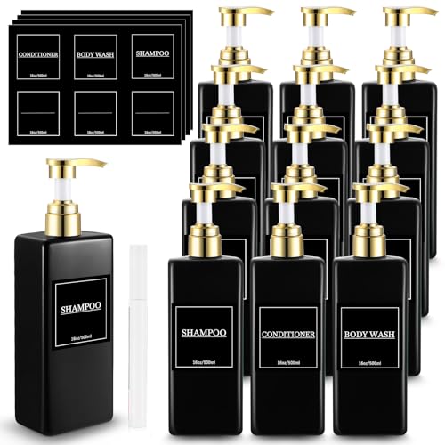 Gejoy 12 Pack Black Shampoo and Conditioner Dispenser Bottles, 17 Oz/ 500ml Refillable Empty Pump Bottles with Labels and Marker Pen, Plastic Square Pump Dispenser Bottle for Bathroom Body Wash Shower