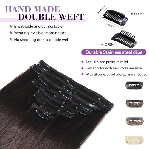 Dark Brown 14 Inch Human Hair Clip-In Extensions 80g Seamless Double Weft