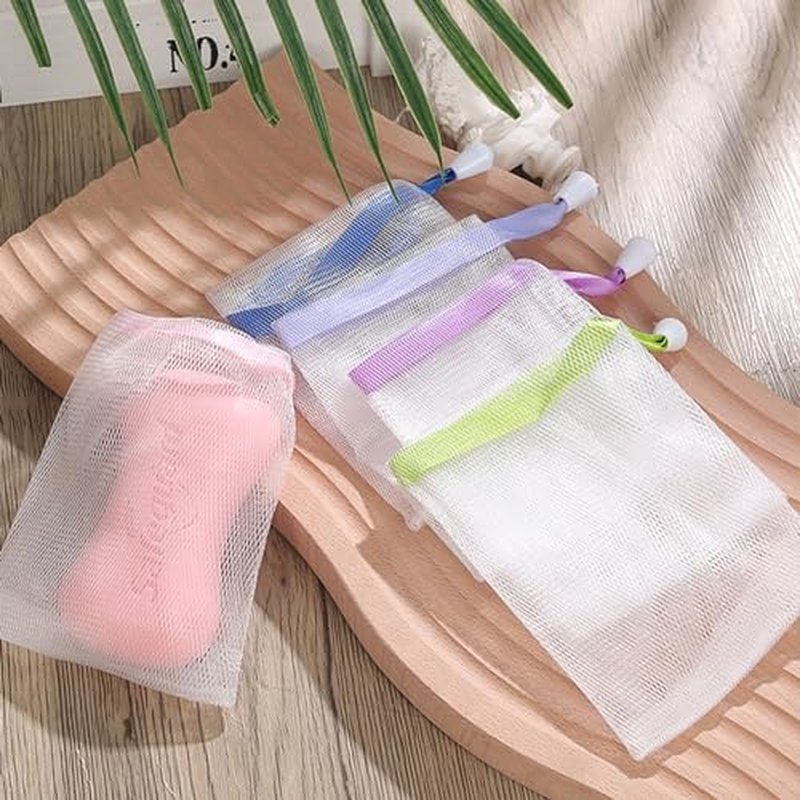 INVODA 60PCS Soap Net Bag 60 Pieces Double Layer Drawstring Soap Mesh Soft Bath Handmade Net for Facial Body Exfoliation Cleaning Tool (Random Color)