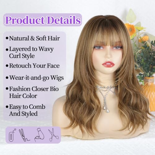 Brown Mix Blonde Highlight Wig with Bangs - Layered Wavy Synthetic Hair for Women - Light Brown Highlights