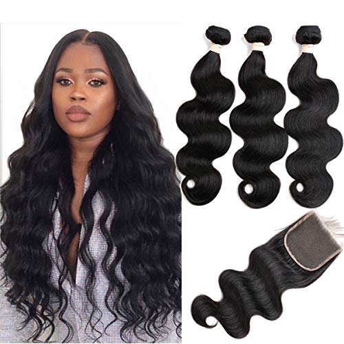 Beauhair Brazilian Body Wave Virgin Human Hair Bundles with 14x4 Lace Closure – 14, 16, 18 Inch, Natural Black