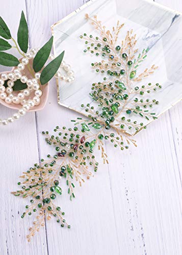 Vintage Wedding Hair Accessory Headpiece with Earrings - Green Beads & Gold Headband