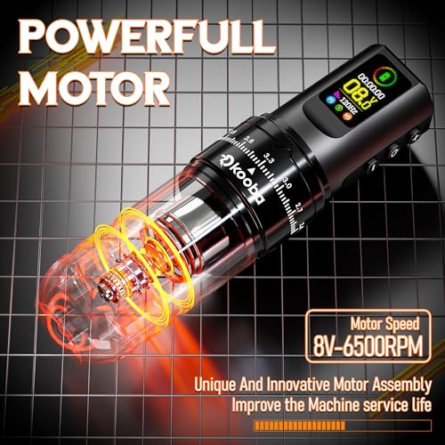 Black Wireless Rotary Tattoo Gun Kit - Cordless Pen with OLED Screen & 7 Strokes for Beginners