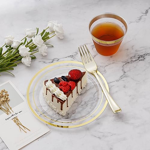 BESTVIP Clear Gold Plastic Plate Set for 100 Guests - Disposable Dinnerware for Weddings & Parties