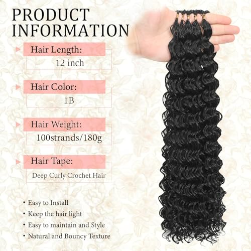 12 Inch Deep Wave Feather Crochet Hair 100 Strands - Black Women Synthetic Bundle