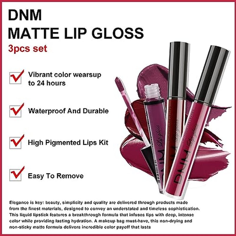 AMY'S DIARY Dark Red Purple Matte Plum Liquid Lipstick 3Pcs Sets,24-hour Lipstick Dark Deep Maroon Purple Brown Plum Red Lip Stain 24 Smudge Waterproof for Women