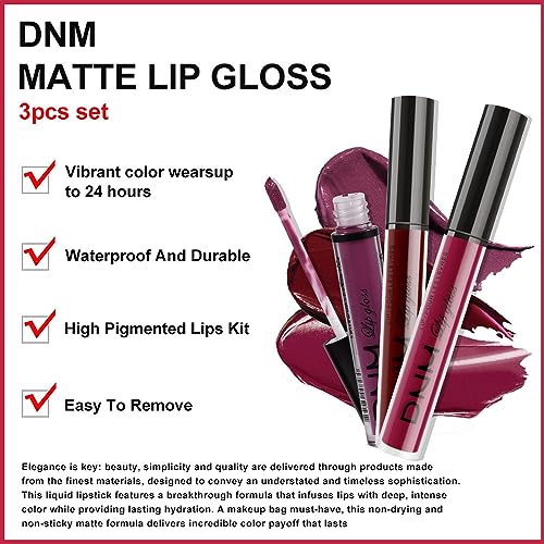 evpct 3Pcs Dark Red Purple Plum Matte Liquid Lipstick Sets for Women Matte Lip Stain Long Lasting Waterproof, Burgundy Blood Blue Red lipstick, Black Cherry Maroon Gothic 24 Hours Magic Lipsticks