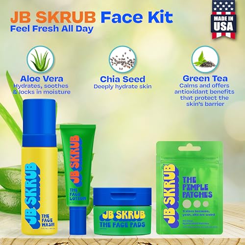 JB SKRUB The Face Kit ? Pimple Patches, Pads, Wash & Lotion ? Complete Skincare Set for Kids, Tweens & Teens