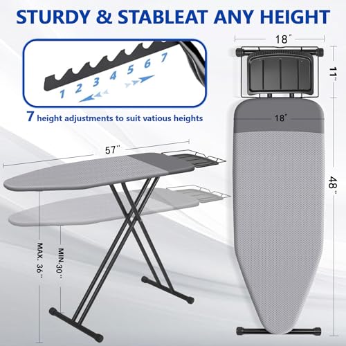 Full Size Ironing Board with Iron Rest, Extra Wide 57 x 18 Inches, Adjustable Height, Heat-Resistant Cover