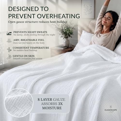 Queen Size 8-Layer Cotton Muslin Blanket - 92x92 White - Breathable & Soft