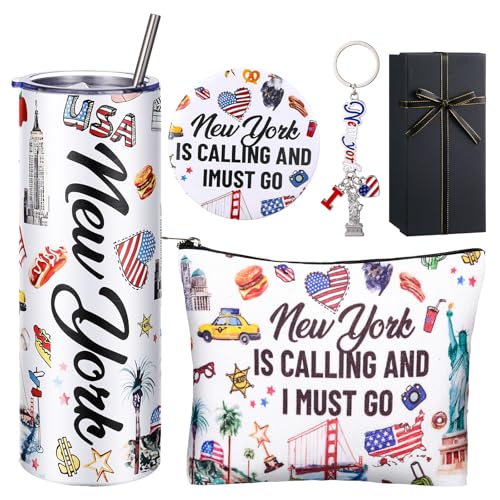 Sieral 5 Pcs New York Travel Gift New York Lover USA Themed Gifts Includes Makeup Bag Thermal Cup Keychain Mirror for Traveler Women Friend Sister Birthday Party