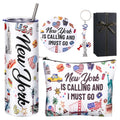 Sieral 5 Pcs New York Travel Gift New York Lover USA Themed Gifts Includes Makeup Bag Thermal Cup Keychain Mirror for Traveler Women Friend Sister Birthday Party