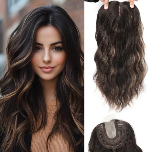Hair Topper for Women 20 Inch Dark Brown with Brown Highlights Thinning Hair Volumizer Clip-In