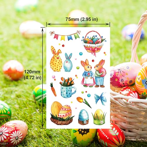 Glitter Easter Bunny Temporary Tattoos for Kids Easter Eggs Flower Decoration Stickers Happy Easter Basket Stuffers 12 Sheets, Children Rabbit Birthday Party Favors Class Rewards
