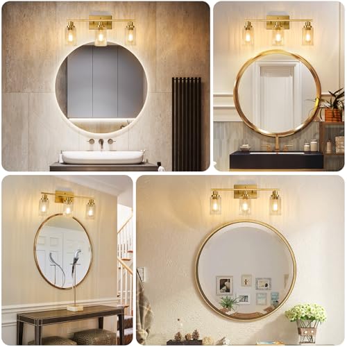 Jonsi 3-Light Brushed Gold Bathroom Vanity Light with Fluted Glass Shades - 23.5 Inch