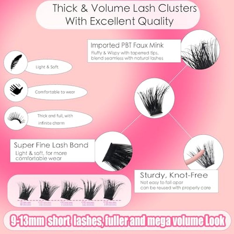 DAODER Thick Short DIY Lash Extension Kit 640pcs 50D 60D 80D 100D Mixed Volume 3D Cluster Eyelash Extensions Fluff D Curl Individual Lashes Clusters with Lash Remover Bond Seal 9-13mm