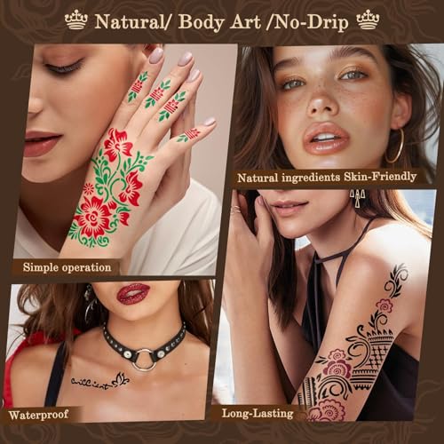 Temporary Tattoo Kit with 225 Reusable Stencils & 9 Colors - DIY Body Art Set - Variation of 9 pcs (9 Colors)