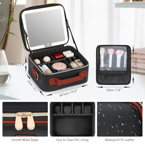 Travel Makeup Bag with Led Mirror Make up Case with Lighted Mirror Cosmetic Organizer bag with Adjustable Dividers and 5X Magnifying Mirror Makeup Box Vanity Case for Women