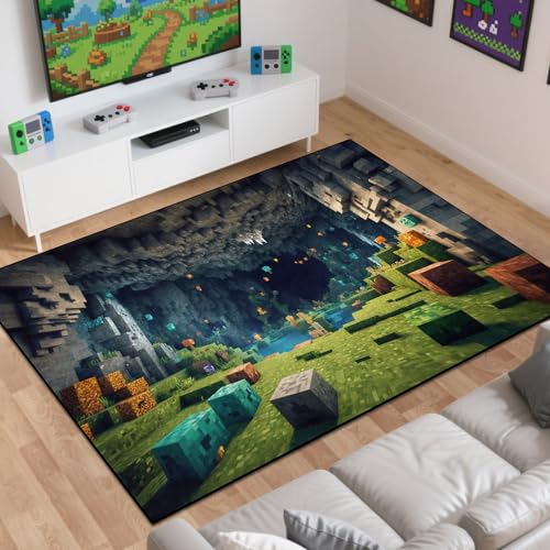 Pixel Game Rug for Kids and Teens - Green Grass Karst Cave, 86 x 63 Inches - Non-Slip, Washable Playroom Carpet