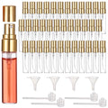 Lnrueg 100 Pcs 5 ml Mini Spray Bottles - 0.17 oz Refillable Glass Perfume Bottles, Portable Travel Sample Containers with Caps, Fine Mist Atomizers with 4 Funnels and 4 Dispensers, Gold
