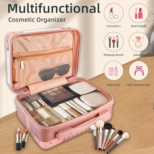 14-Inch Pink/White Hard Shell Cosmetic Organizer Travel Case for Women - Portable Makeup & Toiletry Bag