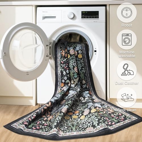 8x10 Floral Area Rug - Dark Black Washable Boho Carpet for Living Room