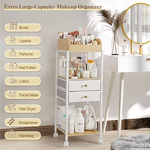White Makeup Organizer with Drawers and Casters - Floor Vanity Storage for Cosmetics & Skincare