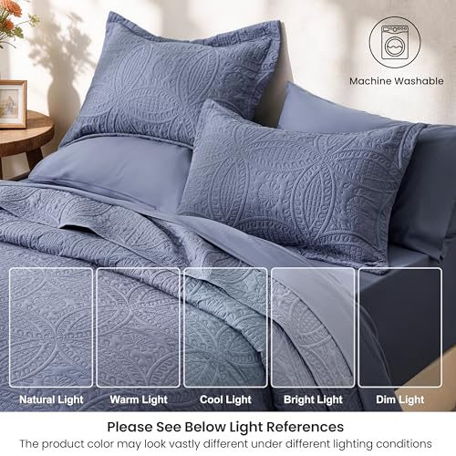 King Quilt Set with Sheets and Shams - Bluish Grey Coin Pattern, 7 Pieces, Love's Cabin