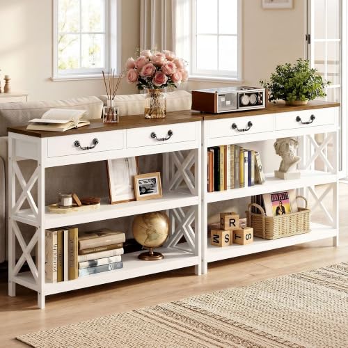 IRONCK 39.4-Inch Farmhouse Console Table with Storage - White & Walnut Variation 39.4inch