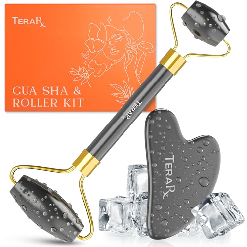 TeraRX Terahertz Gua Sha & Facial Roller Set - Authentic Stone Skin Care Kit for Face Massage & Rejuvenation