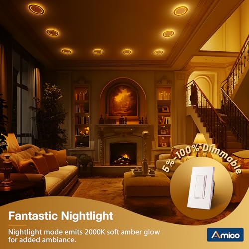 Amico 12 Pack 6 In LED Recessed Light with Night Light, 5CCT (2700-5000K) – Damp Rated