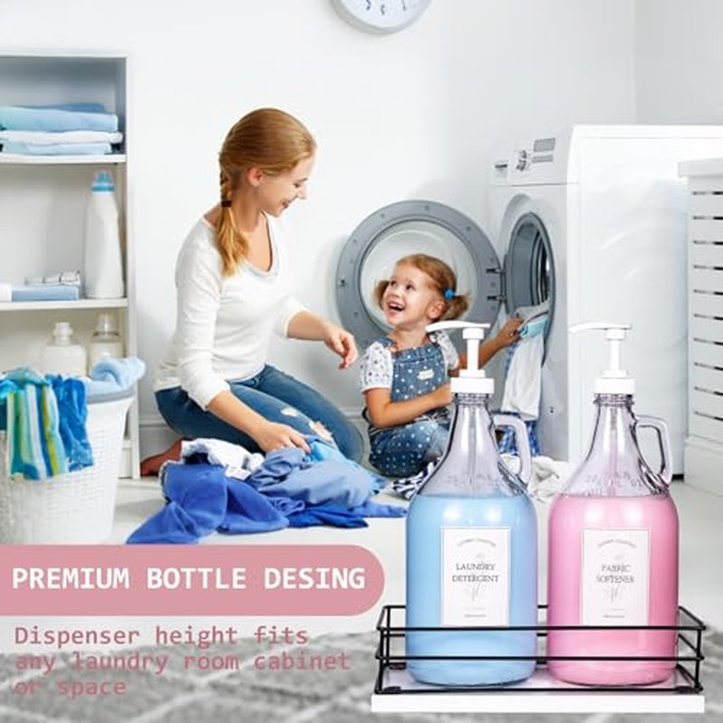 2 Pcs Glass Liquid Laundry Detergent Dispenser, Half Gallon Dispenser for Laundry Room (64 oz. Each), Laundry Detergent Bottles with Pump Dispenser -Includes Labels, Measuring Cups,Wooden Stand