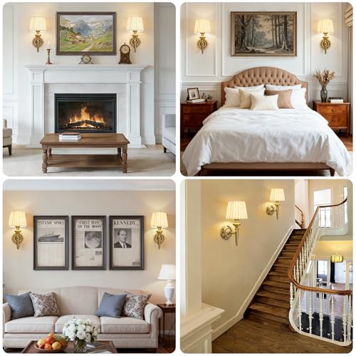 Wireless Vintage Wall Sconce Set of 2 - Gold & Beige Rechargeable Battery Lamps