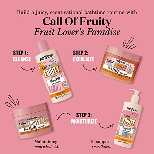 Soap & Glory Call of Fruity Body Butter - Moisturizing Body Cream with Vitamin E, Coconut Oil & Aloe Extracts - Tropical Fruits, Juicy Melon & Hibiscus Cocoa Butter for Dehydrated Skin (300ml)