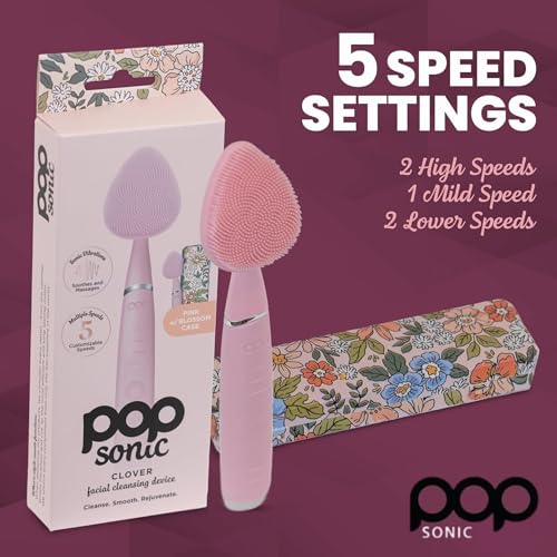 Pop Sonic Clover Facial Cleansing Brush Pink - 5 Speed Sonic Vibrations, Rechargeable Silicone Face Exfoliator & Massager