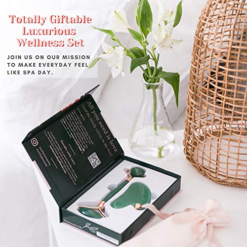 Green Jade Face Roller and Gua Sha Set - Skin Care Massage Tools with Hand-Drawn Gift Box