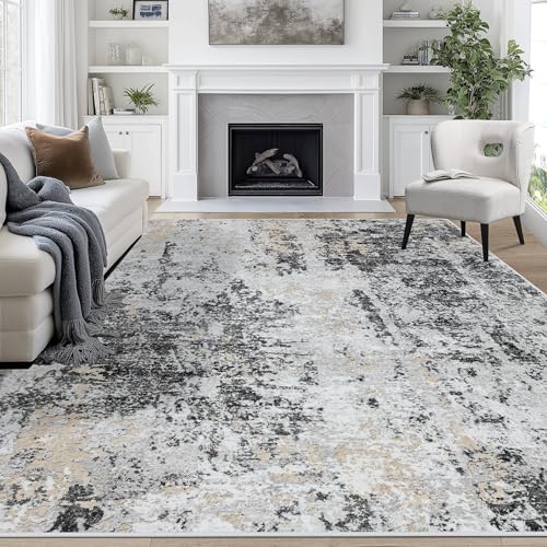 Black Grey and Gold 8x10 Washable Area Rug for Living Room and Bedroom - Non-Slip, Durable, Abstract Design