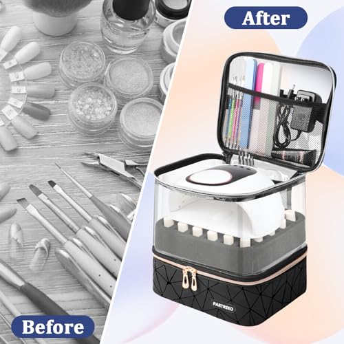 Black Double-Layer Nail Polish Organizer Bag Holds 60 Bottles & UV Lamp